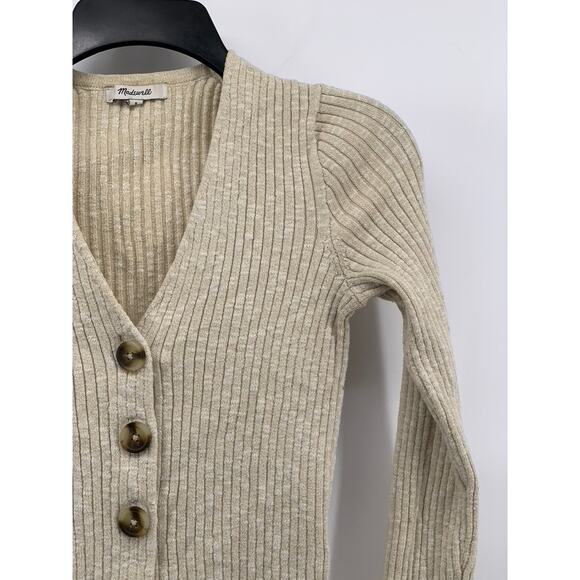 MADEWELL Women's Tan Ribbed Shrunken V-Neck Long Sleeve Cardigan SZ S - Picture 5 of 11